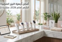أفضل أجهزة الليزر المنزلية لإزالة الشعر مرتبة على طاولة أنيقة مع مناشف بيضاء ونباتات خضراء في تصميم عصري.