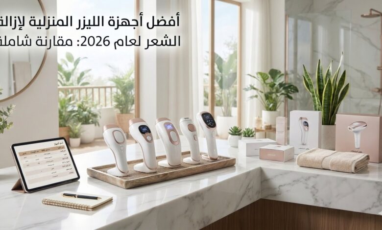 أفضل أجهزة الليزر المنزلية لإزالة الشعر مرتبة على طاولة أنيقة مع مناشف بيضاء ونباتات خضراء في تصميم عصري.