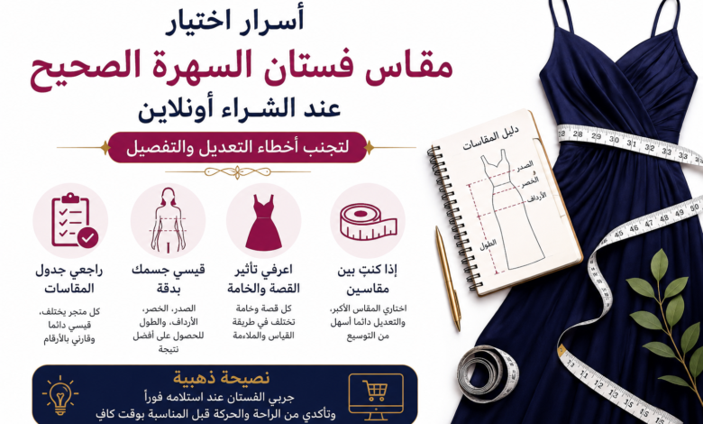 رسم توضيحي لامرأة ترتدي فستان سهرة طويل يوضح الأماكن الصحيحة لأخذ قياسات الجسم الثلاثة: محيط الصدر، محيط الخصر، ومحيط الأرداف باستخدام شريط القياس.