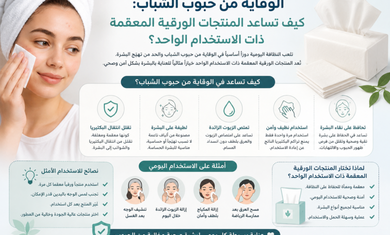 صورة توعوية عن الوقاية من حب الشباب توضح دور المنتجات الورقية المعقمة ذات الاستخدام الواحد في الحفاظ على نظافة البشرة وتقليل البكتيريا.