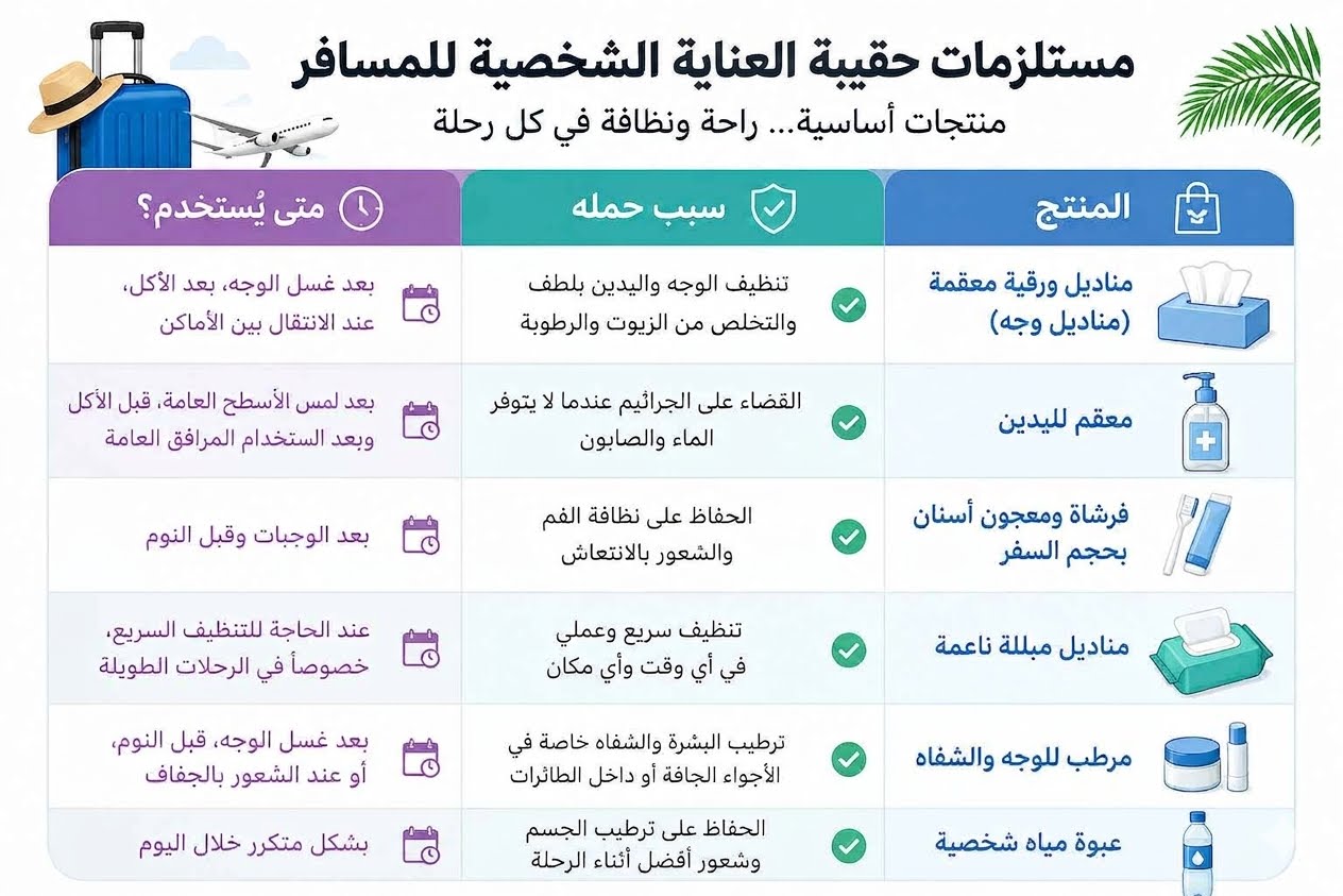 مستلزمات حقيبة العناية الشخصية للحفاظ على النظافة الشخصية أثناء السفر