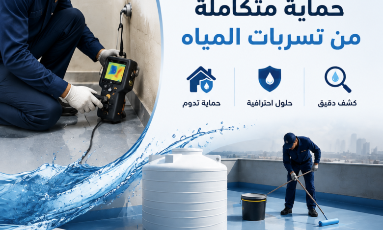 فني كشف تسربات المياه يستخدم أجهزة حديثة مع فني عزل أسطح وخزانات لشركة العنود المتحدة