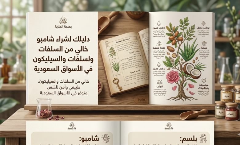 غلاف كتاب مفتوح يستعرض مكونات طبيعية للعناية بالشعر مثل الصبار والأركان لـ دليل شراء شامبو خالي من السلفات في السعودية.